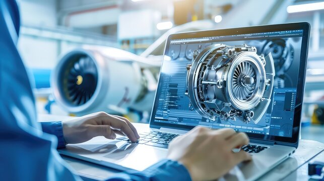 A technician using 3D modeling software on the laptop to visualize engine components for repair planning. 