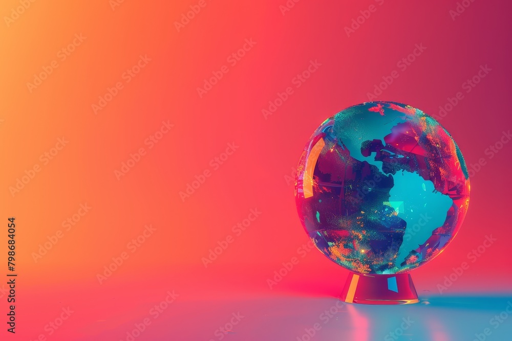Poster globe is sitting on a table with a colorful background