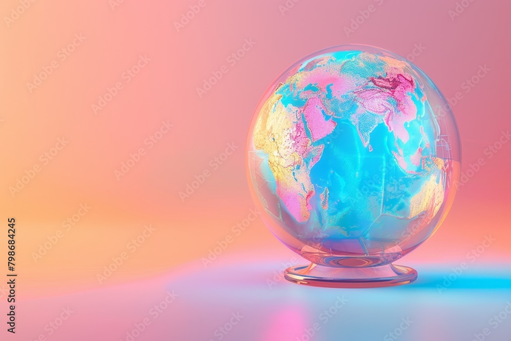 Poster globe is sitting on a table with a colorful background