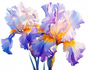 Freshly bloomed iris, petals unfolding in vibrant purples and yellows, vivid colors captured in high detail, isolated on white background, watercolor