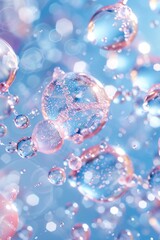 An artistic representation of bubbles and molecules as a background concept for cosmetic products, enhancing the theme of cleanliness and rejuvenation.