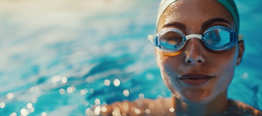 Banner with copy space of A captivating close-up of a woman's post-swim happiness, her eyes sparkling with joy behind swimming goggles, a reminder of the revitalizing experience of a dip in the pool