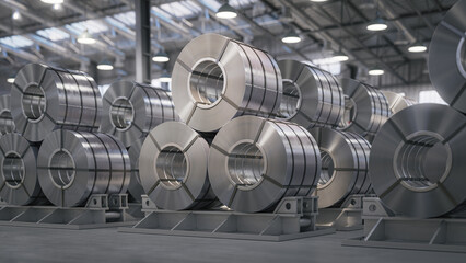 Rolls of metal sheet. Zinc, aluminium or steel sheet rolls on warehouse of factory.