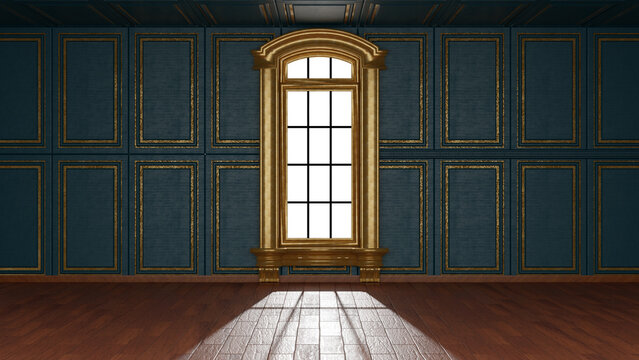 Stanza antica ed elegante, riccamente decorata, vuota, con finestra che si affaccia su panorama estrno.