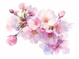 Lush cherry blossoms in peak bloom, delicate pink petals, vivid colors captured in high detail, isolated on white background, watercolor