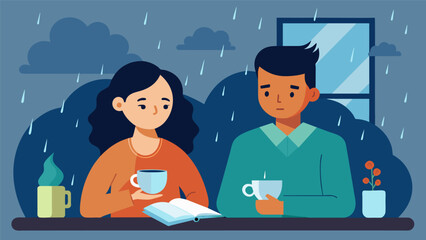 On a rainy day a couple sits at their kitchen table their journals in front of them. With steaming cups of tea in hand they share their deepest fears. Vector illustration
