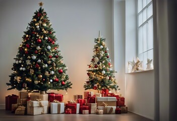 Fototapeta na wymiar heap gift wall copy brick boxes christmas tree white decorated space