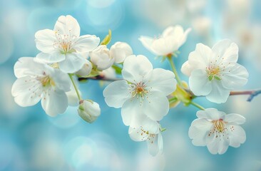 Obraz premium A photo of white cherry blossoms blooming in the spring sky, with blurred background and blurred foreground. The photo was taken from an overhead perspective, with soft lighting and a bright blue sky