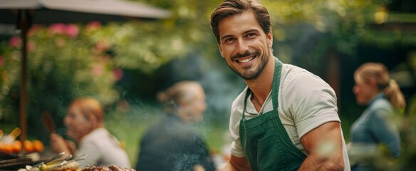 A handsome man in a green apron is grilling meat on a barbecue at a summer picnic. The photo is a copy space for a text banner and was a stock photo contest winner. The scene takes place outdoors 