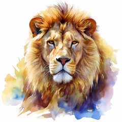 Majestic lion, mane flowing, eyes piercing with serene wisdom, vivid colors captured in high detail, isolated on white background, watercolor
