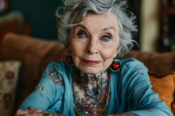 Portrait of a senior woman covered in tattoos