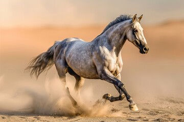 Grey Horse Rearing Powerfully in Desert Sunrise Chaos