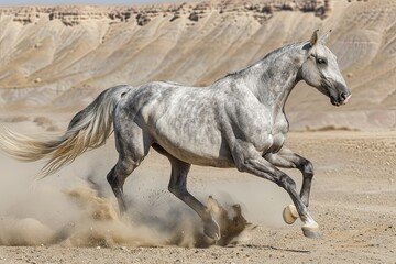 Obraz na płótnie Canvas Spirit of the Desert: Grey Stallion's Wild Run for Freedom