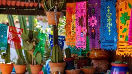 Fototapeta premium Colorful traditional mexican textiles display Cinco De Mayo