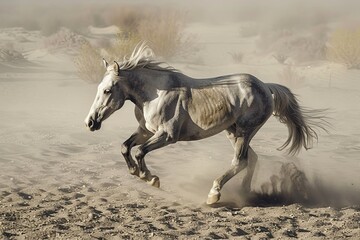 Sandy Gallop: Grey Stallion's Speed and Freedom Through Dust and Wind