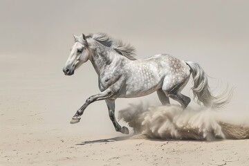 Majestic Grey Horse Galloping in Desert Sandstorm