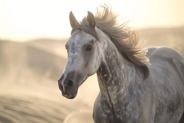 Obraz na płótnie Canvas Grey Horse Galloping in the Desert - Silver Mane Freedom