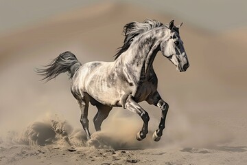 Majestic Grey Horse Rearing in the Desert - Spirit of Freedom under the Silver Sun