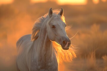 Golden Light Rise: Majestic Grey Horse in the Desert, Embodying Beauty, Spirit, Freedom