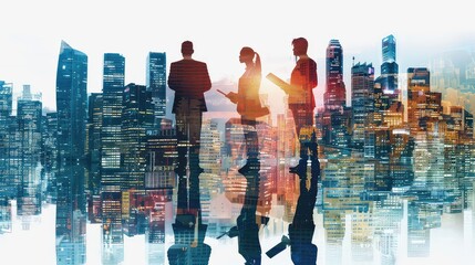 A dynamic blend of HR professionals reviewing resumes with a cityscape, symbolizing recruitment efforts in competitive markets.