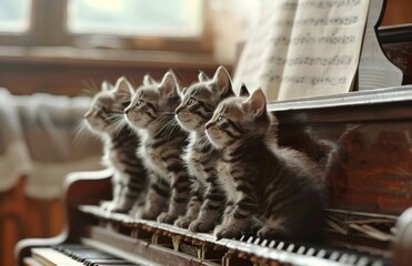 A group of cute grey kittens playing the piano, with a music sheet in the background, in the style...