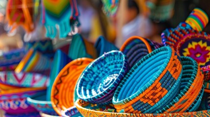 Colorful traditional woven baskets at market Cinco De Mayo