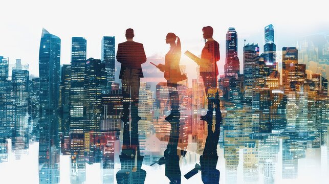 A dynamic blend of HR professionals reviewing resumes with a cityscape, symbolizing recruitment efforts in competitive markets. - Powered by Adobe