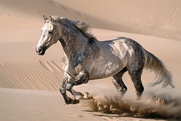 Majestic Grey Horse: Wild and Free Desert Runner dominating the Sands