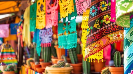 Vibrant traditional mexican papel picado and pottery display Cinco De Mayo