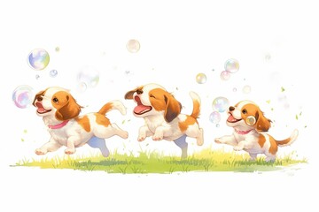 Playful puppies chasing bubbles in a sunny yard, fluffy tails and joyful leaps, detailed and carefree, isolated on white background, watercolor