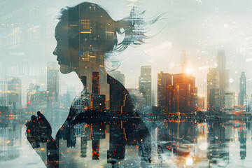 Double-exposure photo of a female runner and a cityscape at dawn