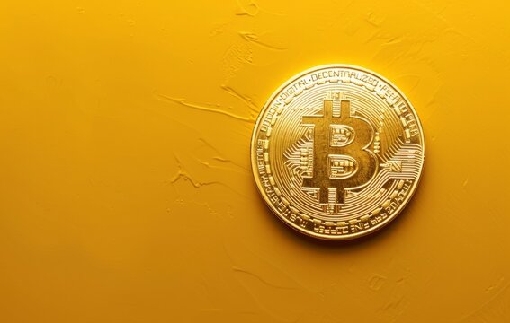 A gold coin with the bitcoin symbol on it, clean background, yellow lighting, in the style of photography.