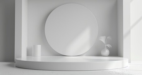 render abstract white background with empty round podium stage, minimal showcase scene for product presentation 