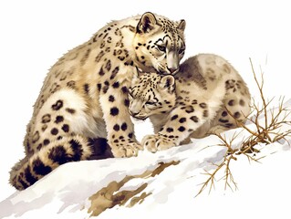 Playful snow leopards in a snowy setting, camouflaged in their natural habitat, detailed and elusive, isolated on white background, watercolor