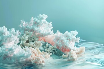 A white coral with a pink flower on it is on a rock in the ocean in the concept of bleached coral - obrazy, fototapety, plakaty