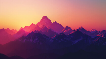 Majestic mountain range at sunset, casting vibrant hues across the horizon, ai generated