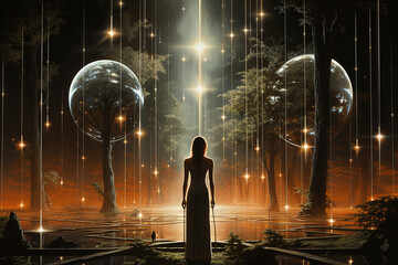 Silhouetted figure facing glowing orbs in an enchanted woods with celestial beams