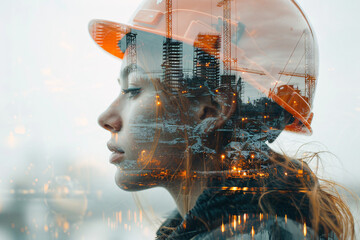 Double-exposure image of a female civil engineer, architect,  or construction worker, and a construction site - 798689093