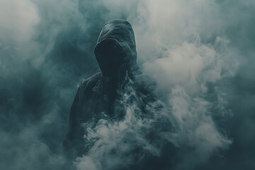 Silhouette of a man against the background of dark magical smoke.