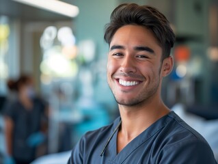 Obraz premium A Nurse male wearing nurse uniform, standing in front of a patient's room, smiling, smiling and looking into camera