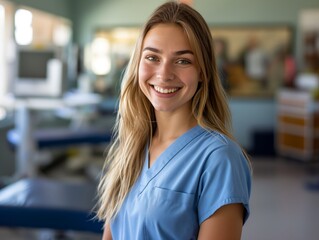 An Occupational Therapist female wearing occupational therapist uniform, standing in front of therapy equipment, smiling and looking into camera