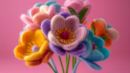 Obraz na płótnie Canvas A colorful bouquet of felted flowers, each flower is made from soft and fluffy wool material with three colors, pink background, green stem, yellow center, orange petal, purple edge.