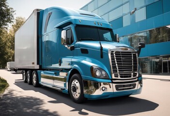 'truck big cascadia isolated freightliner cab blue background white billboard blank cargo carrier...