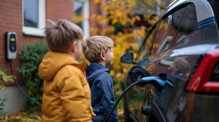 Children watching as their parents charge their electric vehicle at a home charging station