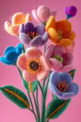 A colorful bouquet of felted flowers, each flower is made from soft and fluffy wool material with three colors, pink background, green stem, yellow center, orange petal, purple edge.