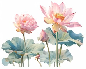 Serene lotus flowers in full bloom, vibrant pinks and soft greens, detailed in botanical beauty, isolated on white background, watercolor