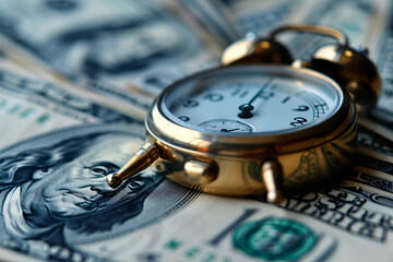 Time is money concept, an alarm clock lying on dollar bills