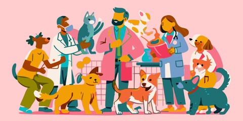 Vibrant Cartoon Veterinary Clinic with Happy Pets and Vets. Vector illustration of pet care professionals and animals. Medicine pet healthcare concept Design for poster, banner