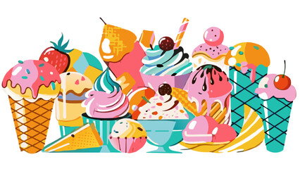 Colorful Assortment of Ice Cream and Dessert. Colorful vector graphic of various ice cream desserts. Colorful vector graphic of various ice cream desserts. Sweet treats and summer dessert concept. Des