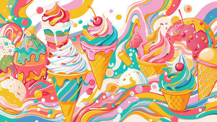 Vibrant Ice Cream Fantasy: Colorful, Whimsical Dessert Illustration. Colorful vector graphic of various ice cream desserts. Sweet treats and summer dessert concept. Design for menu, poster, food blog 
